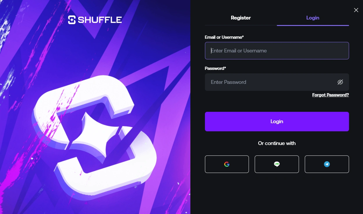 Interface de connexion Shuffle Casino